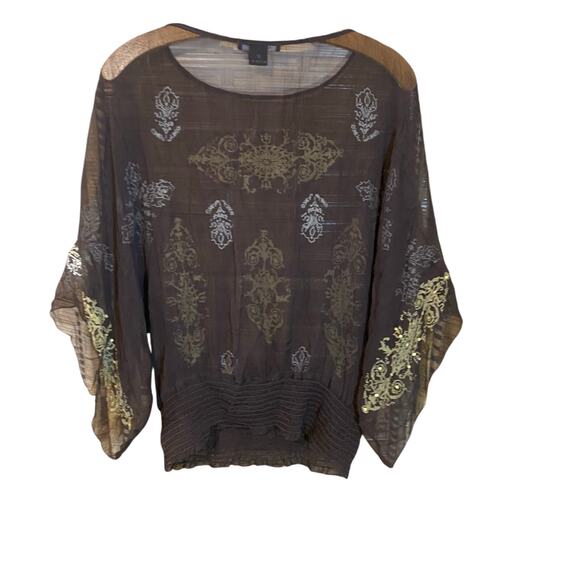 Karen Kane 100% Silk Sheer Blouse Boho Gold Baroque Print Top Size Small - Picture 3 of 9